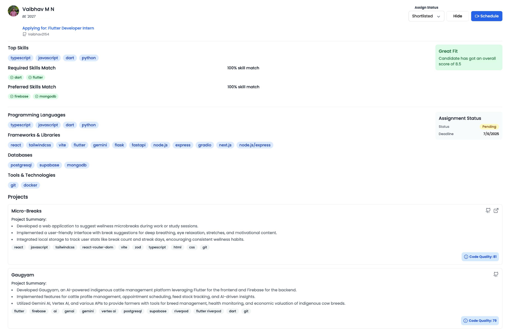 Inovact proof of work candidate profile with AI-powered code analysis